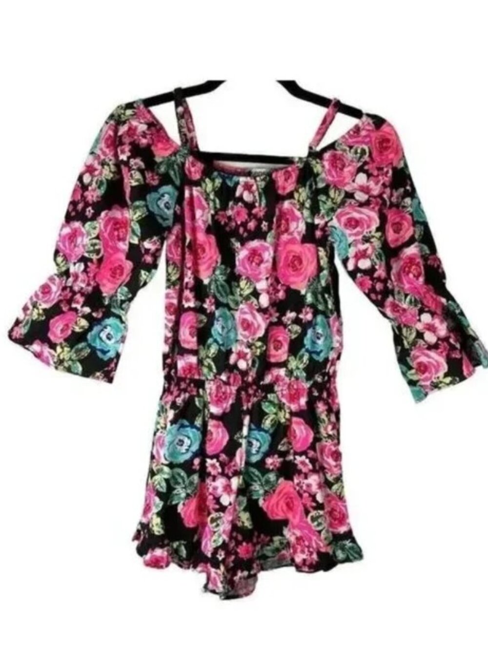 Kensie Girl Floral Off Shoulder Romper Pink Black Size 10/12 NWOT